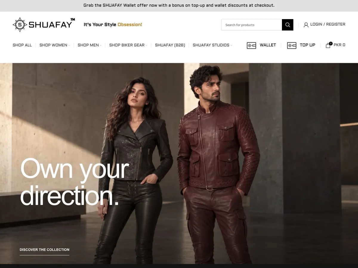 SHUAFAY.com homepage showing retail navigation, campaign image and collection call to action